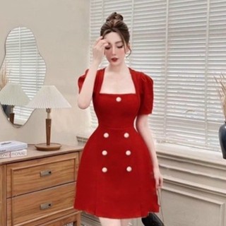 Đầm dự tiệc tiểu thư cổ vuông nút bọc sang trọng