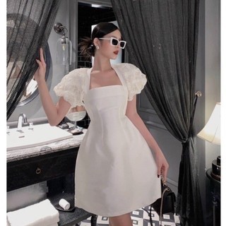 Váy trắng tay phồng ren hoa thêu nổi tiểu thư cao cấp