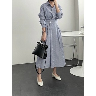 Đầm công sở dáng sơ mi sọc nút eo sang trọng