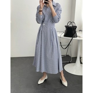 Đầm công sở dáng sơ mi sọc nút eo sang trọng