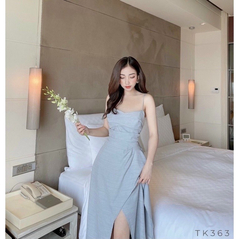 váy đầm hai dây maxi xếp ly vạt chéo