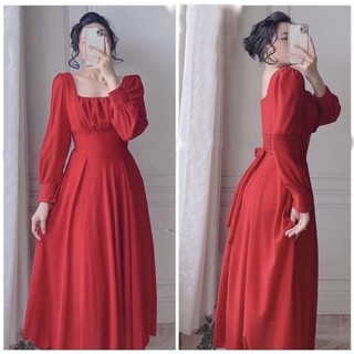 Đầm dự tiệc đỏ tay dài cổ vuông nơ lưng phong cách tiểu thư