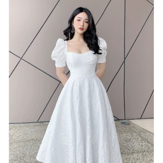 Đầm gấm dự tiệc cổ vuông tay phồng