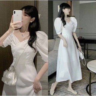 Đầm trắng xòe cổ đắp chéo tiểu thư minia- ảnh thật canh mặc