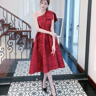 Đầm dự tiệc gấm vai nơ sang trọng