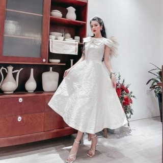 Đầm dự tiệc gấm nơ cổ sang trọng