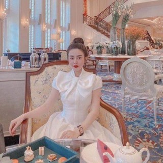 Đầm dự tiệc gấm nơ cổ sang trọng