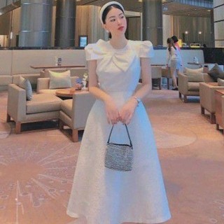 Đầm dự tiệc gấm nơ cổ sang trọng
