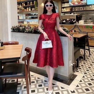Đầm dự tiệc gấm nơ cổ sang trọng