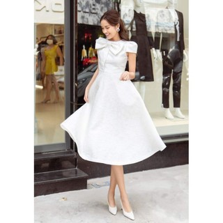 Đầm dự tiệc gấm nơ cổ sang trọng