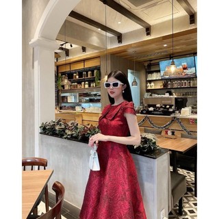 Đầm dự tiệc gấm nơ cổ sang trọng