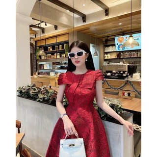 Đầm dự tiệc gấm nơ cổ sang trọng