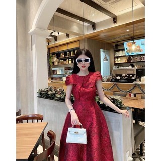 Đầm dự tiệc gấm nơ cổ sang trọng
