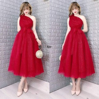 Đầm Dự Tiệc Vai Nơ chất lưới kim tuyến