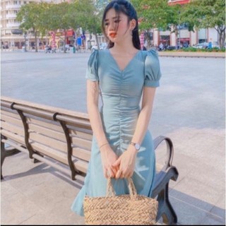 Đầm xoè tiểu thư màu xanh mint nhún eo