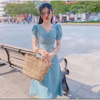 Đầm xoè tiểu thư màu xanh mint nhún eo