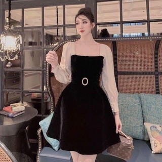 Đầm nhung dự tiệc tay voan tơ kèm belt