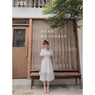 Đầm trắng tiểu thư tay phồng maxi