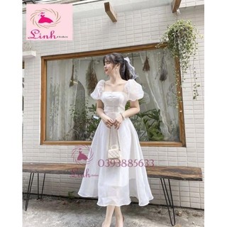 Váy trắng dự tiệc tiểu thư tay phồng cổ vuông