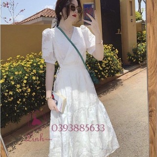 Đầm trắng hoa nổi nơ eo tay phồng dáng mindi tiểu thư