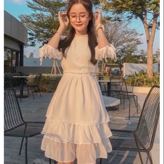 Đầm trắng tiểu thư vải voan tơ tầng