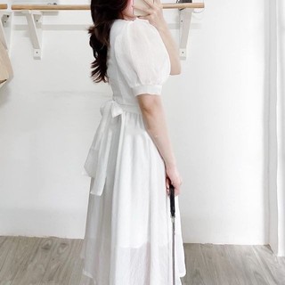 Đầm trắng tiểu thư dây cột eo
