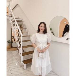 Đầm trắng tiểu thư dây cột eo