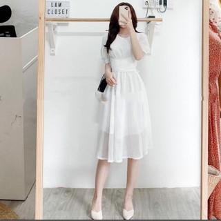 Đầm trắng tiểu thư dây cột eo