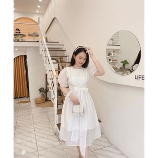 Đầm trắng tiểu thư dây cột eo