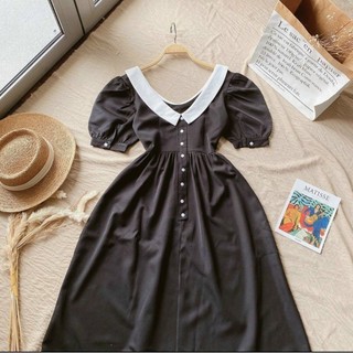 Đầm đen cổ sen nút vintage