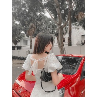 Đầm gấm dự tiệc nơ voan lưng dáng xoè