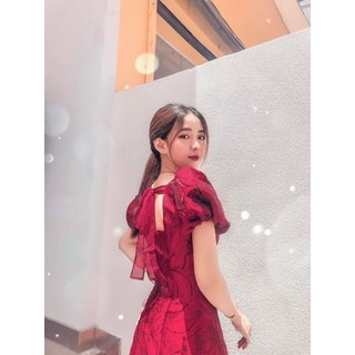 Đầm gấm dự tiệc nơ voan lưng dáng xoè