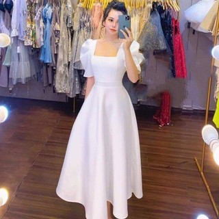 Đầm tay phồng cổ vuông dự tiệc PoLy Tay Ngắn Cao Cấp