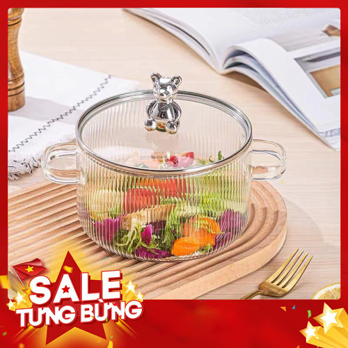 Nồi thuỷ tinh chịu nhiệt nắp gấu 1.7L đủ mầu