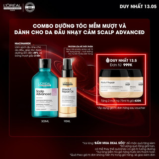 Combo dưỡng tóc mềm mượt, da đầu nhạy cảm L'Oréal Professionnel Scalp Advanced - Dầu gội 300ml, tinh dầu dưỡng tóc 90ml