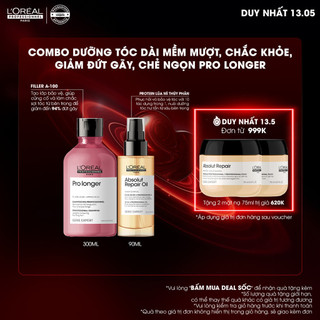 Combo dưỡng tóc dài mềm mượt, chắc khỏe, giảm đứt gãy L'Oréal Professionnel Prolonger - Dầu gội 300ml, tinh dầu 90ml