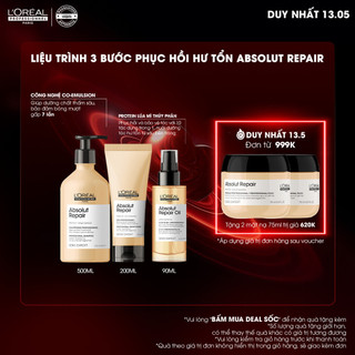 Liệu trình 3 bước phục hồi hư tổn Absolut Repair (Gội 500ml + Xả 200ml + Tinh Dầu 90ml)