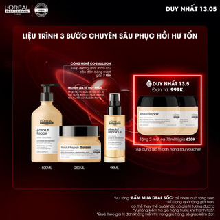Liệu trình 3 bước chuyên sâu phục hồi hư tổn Absolut Repair (Gội 500ml + Mặt nạ + Tinh Dầu 90ml)