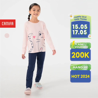 Bộ mặc nhà bé gái CANIFA áo thun cổ tròn tay dài phối quần khác màu 1LS22W030