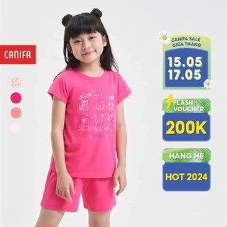 Bộ quần áo bé gái CANIFA bộ mặc nhà áo thun cộc tay in hình quần đùi cạp chun 1LS24S001