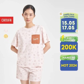 Bộ quần áo nữ CANIFA đồ mặc nhà áo thun cộc tay có túi quần đùi chất liệu cotton pha 6LS24S005