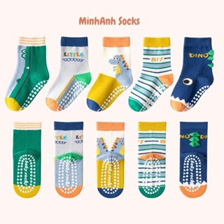 Set 5 Đôi-Tất Chống Trượt Cho Bé Trai Bé Gái Hãng Minlliu. Tất Cổ Cao Cổ Ngắn Siêu, Nhân Khủng Long 0-8 Tuổi