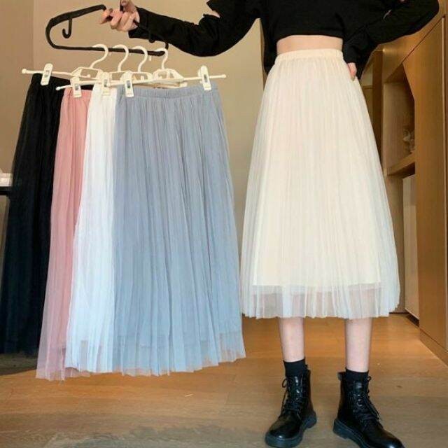 Chân váy vôn lưới dập ly dài qua gối