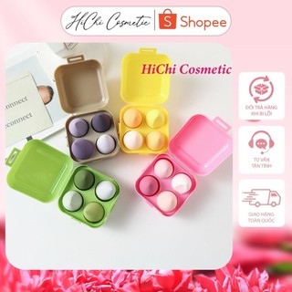 Sét 4 Bông Mút Trang Điểm kèm hộp đựng xinh xắn, Mút tán kem nền mềm mịn hình giọt nước dễ dàng sử dụng