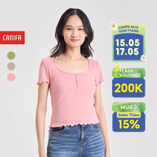 Áo kiểu nữ CANIFA áo phông kiểu cổ rộng phối bèo cộc tay dáng ngắn 6TS24S005