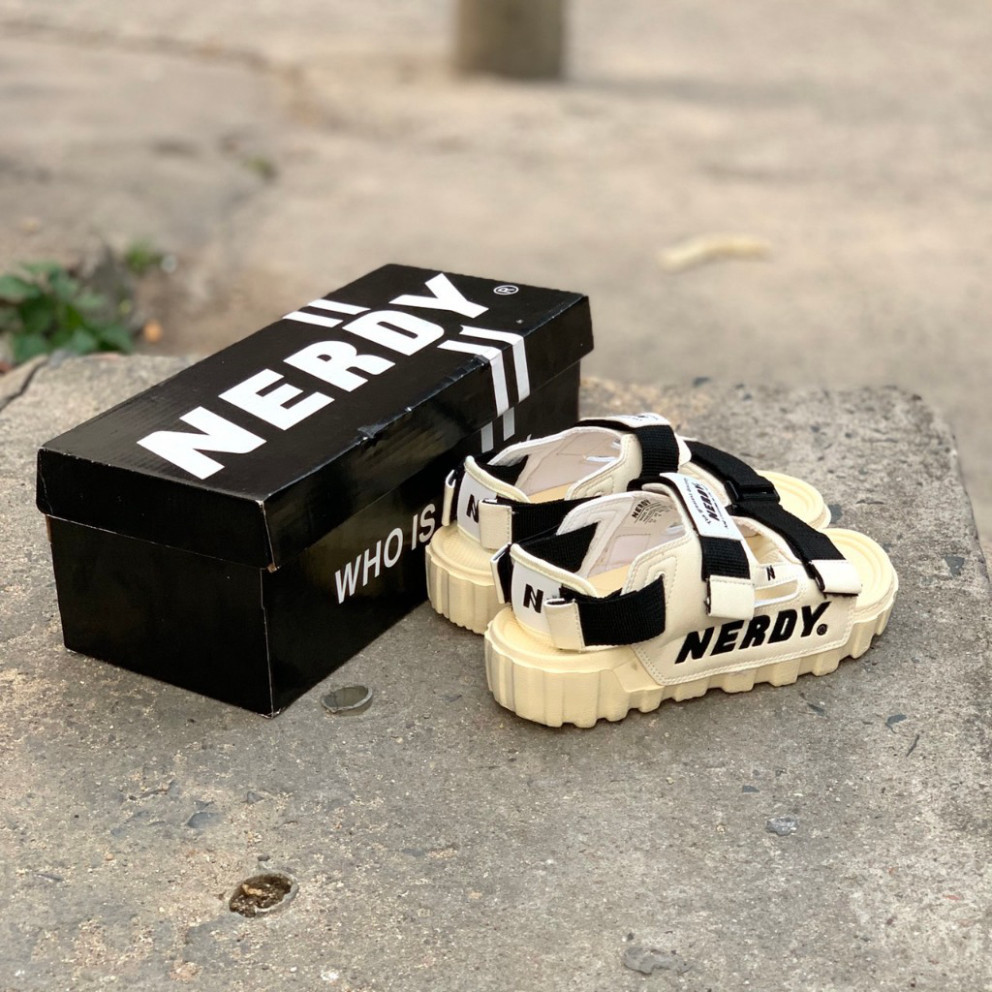 Giày sandal Nerdy nerrdy nam nữ đế cao 4cm, quai da phối dù êm bền, quai hậu có thể tháo rời , kem (