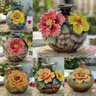 Bình hoa hút lộc đắp nổi vuốt tay hoa hồng mẫu đơn xinh xắn trang trí phòng khách - Gốm sứ Bát Tràng