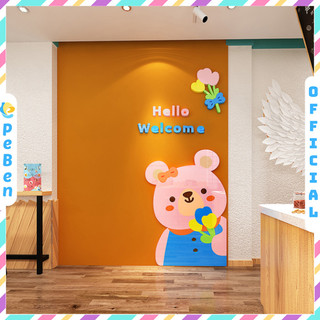 Tranh mica EPeBen dán tường nổi 3d hình gấu con mèo con Welcome decor trang trí cửa ra vào, cửa kính quán nước, cửa hàng