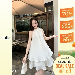 Váy xòe cổ yếm đính nơ phối Quần short cạp chun Calie VX185 QS037