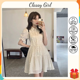 Váy voan basic cổ sơ mi tay bồng 2 lớp nhẹ nhàng thanh lịch tôn dáng cho nữ phong cách Hàn Quốc